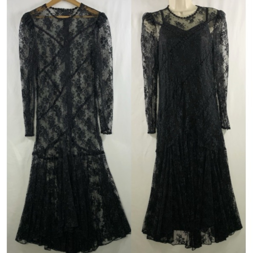 Vintage Sheer Lace Overlay Maxi Dress Size XS Gothic Victorian Wedding Cocktail